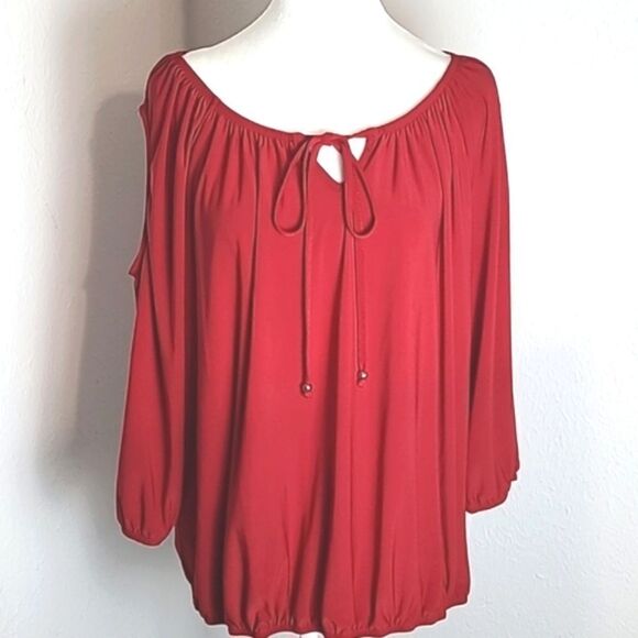 Notations Red Cold-Shoulder Blouse with Elastic Waistband, Size 1X - Picture 1 of 9